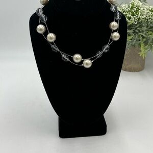 Topfrog Silver Tone Chain and Cream Faux Pearl and Glass Double Strand Necklace‎